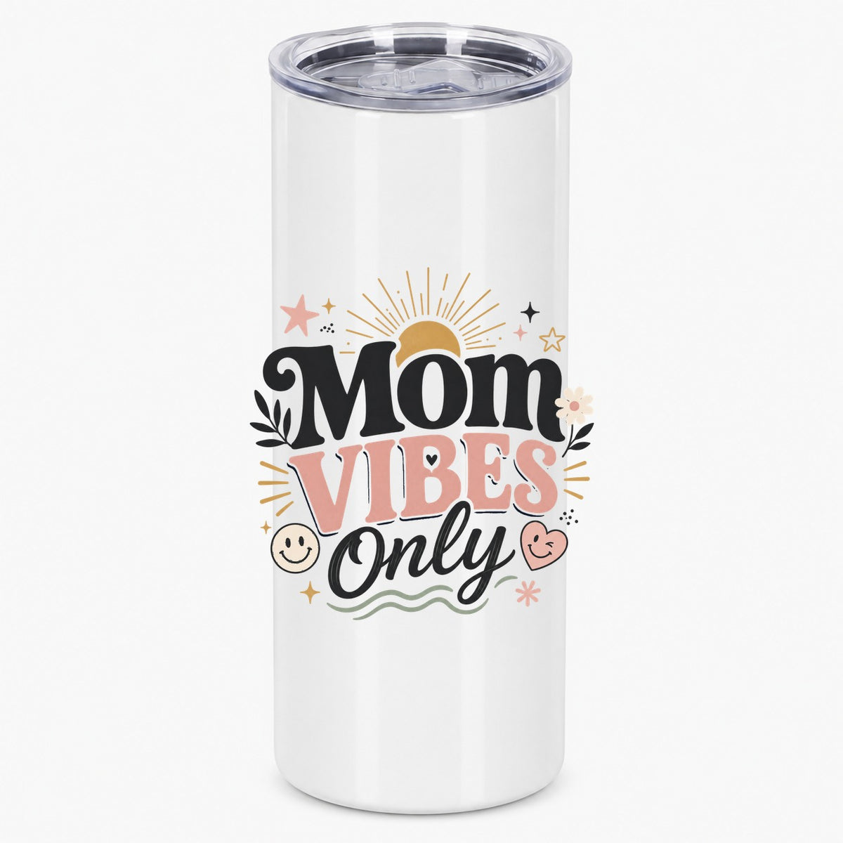 Mom Vibes Only Retro Boho Sun and Smiley Face Graphic Tumbler