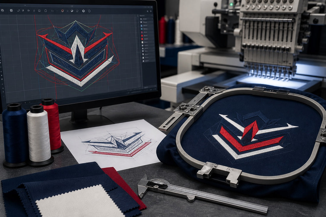 Embroidery digitizing workspace with stitch paths, thread, fabric, and a machine sew-out