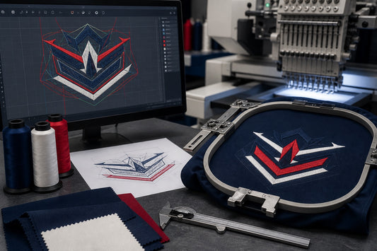 Embroidery digitizing workspace with stitch paths, thread, fabric, and a machine sew-out