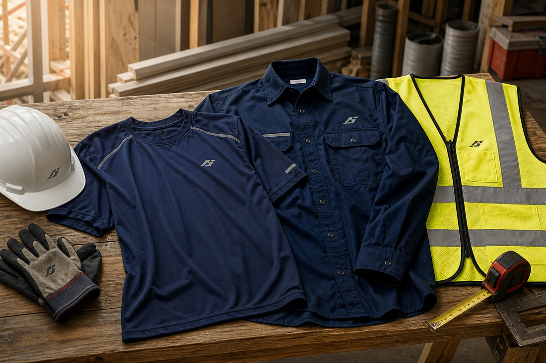 Construction work shirts and high-visibility apparel arranged for crew selection