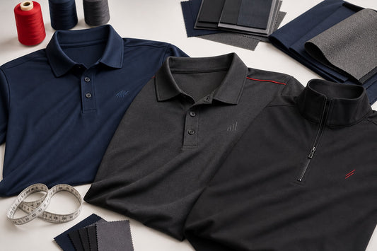 Business polos and a quarter-zip arranged with fabric swatches for uniform planning