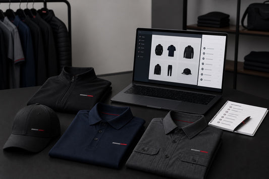 Coordinated company uniforms beside an employee ordering website