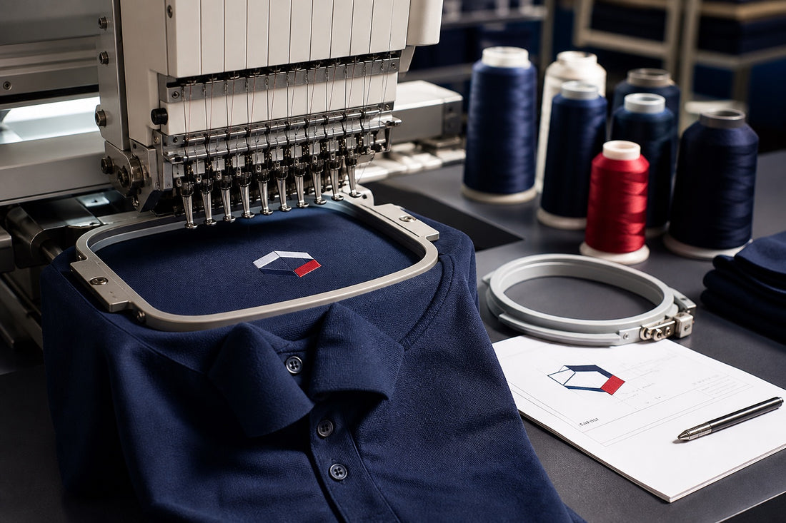 Commercial embroidery machine stitching a navy polo for a DFW custom embroidery order