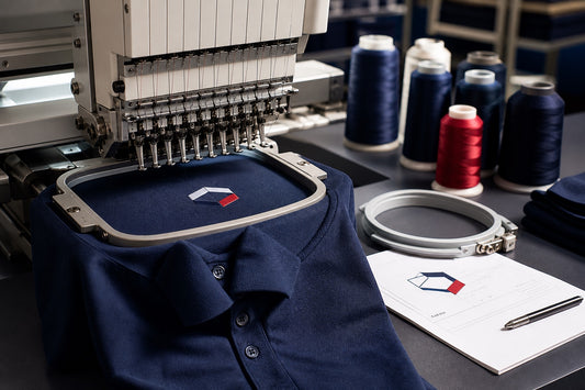 Commercial embroidery machine stitching a navy polo for a DFW custom embroidery order