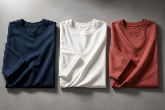Three blank shirts arranged for a fabric, fit, and weight comparison