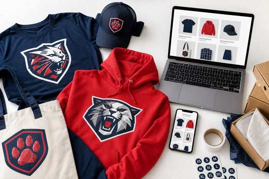 School spirit wear collection beside an online ordering storefront
