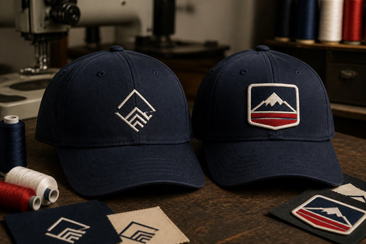 Navy caps comparing direct embroidery with a custom embroidered patch