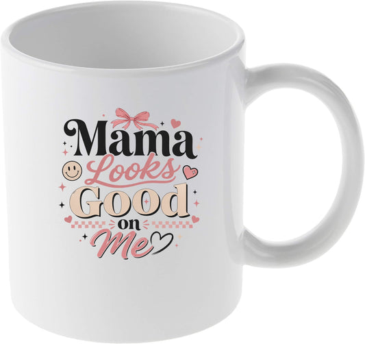 Mama Looks Good On Me Retro Aesthetic Pink and Black Design Mug