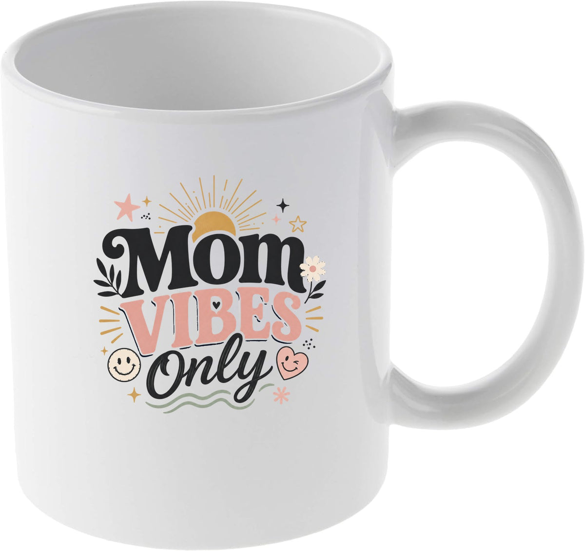 Mom Vibes Only Retro Boho Sun and Smiley Face Graphic Mug