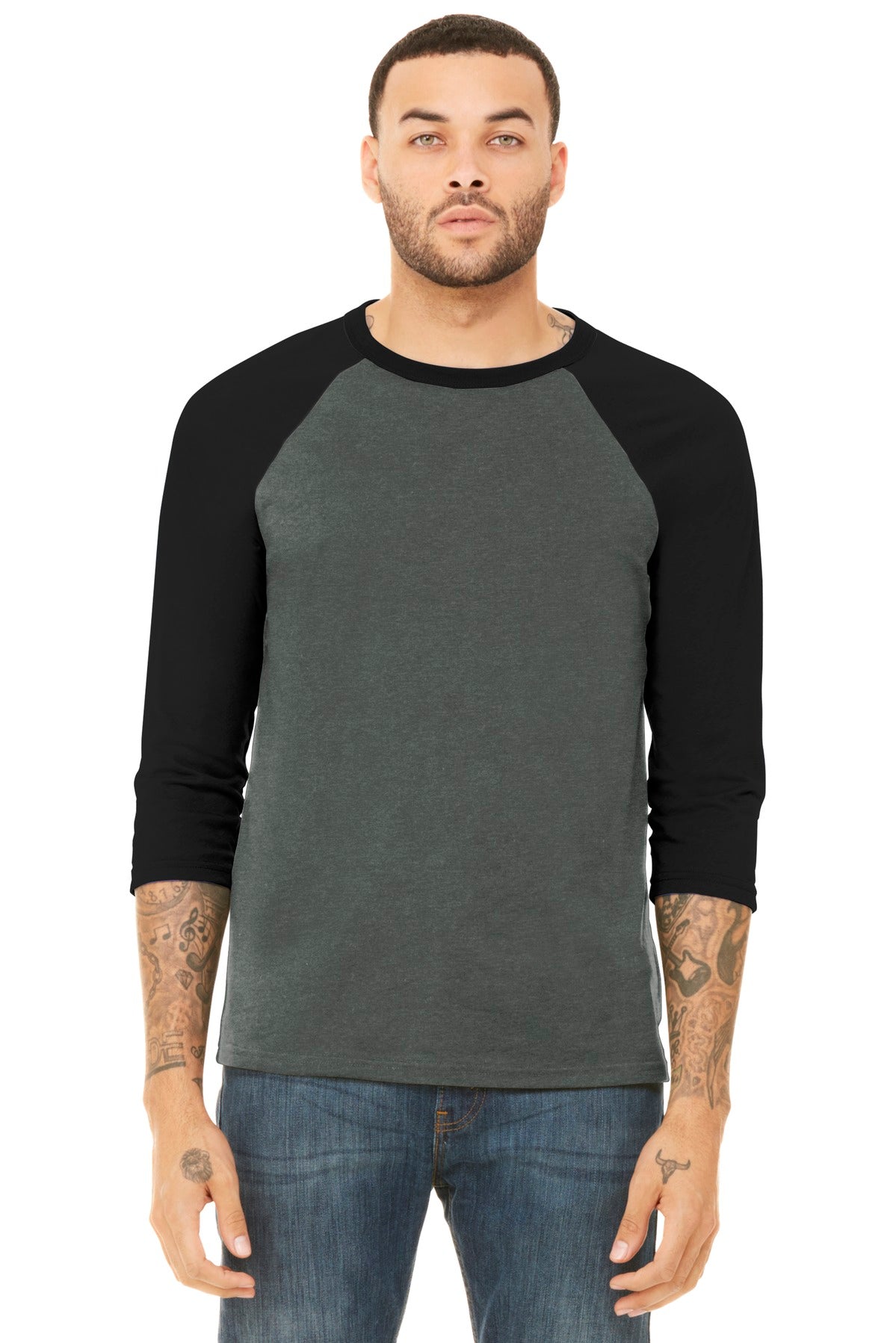 BELLA+CANVAS ® Unisex 3/4-Sleeve Baseball Tee. BC3200 [Deep Heather/ Black] - DFW Impression