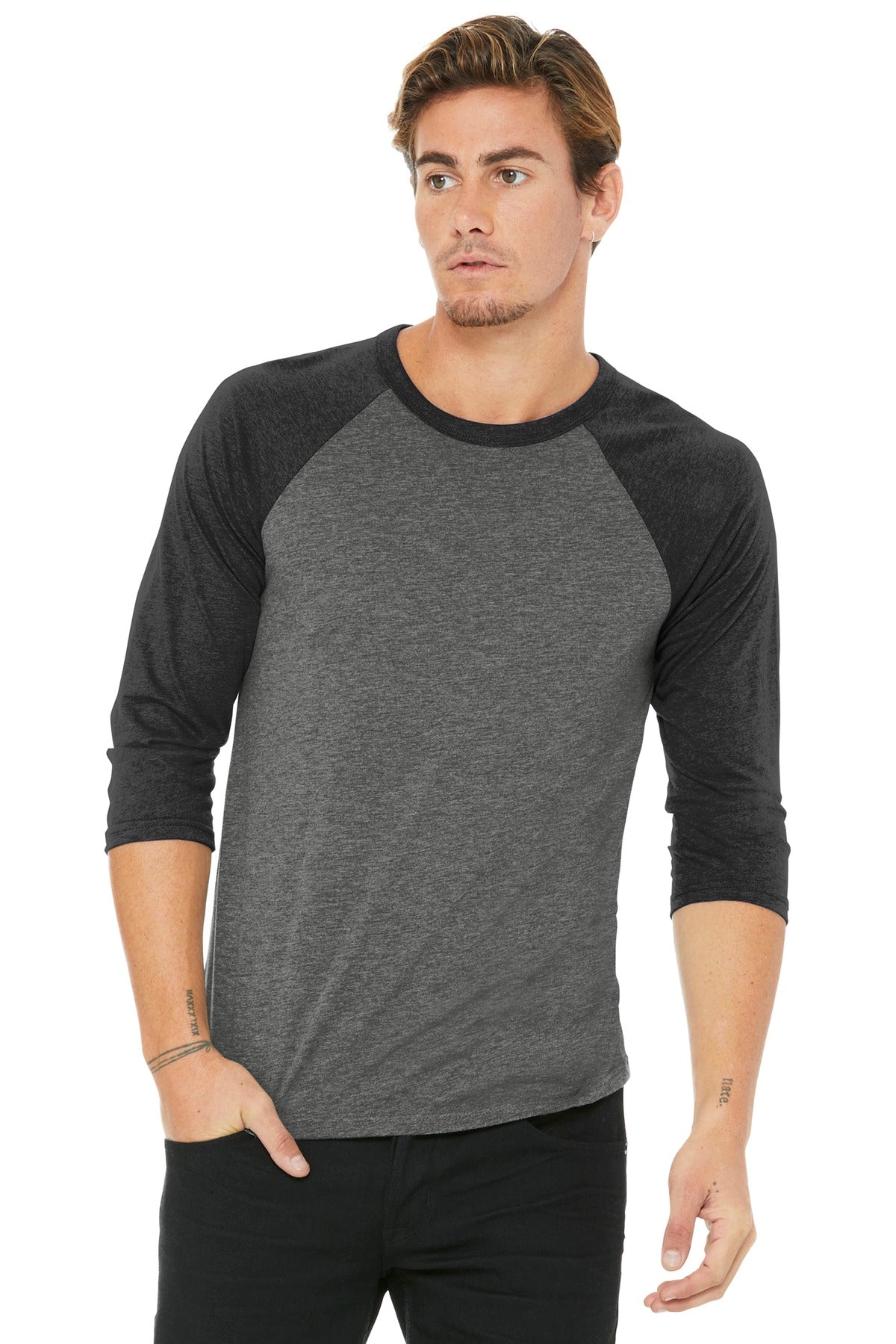 BELLA+CANVAS ® Unisex 3/4-Sleeve Baseball Tee. BC3200 [Grey/ Charcoal-Black Triblend] - DFW Impression