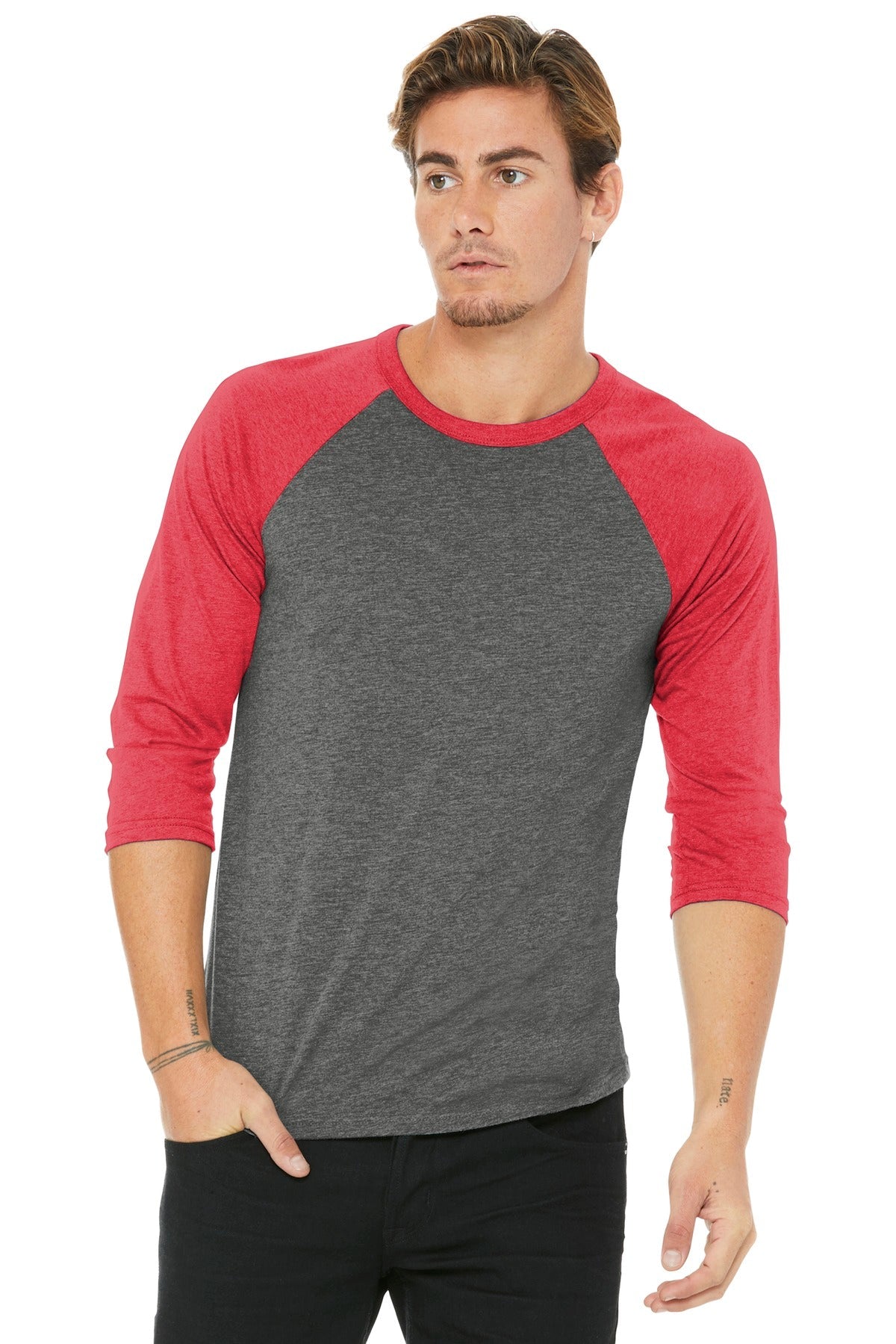 BELLA+CANVAS ® Unisex 3/4-Sleeve Baseball Tee. BC3200 [Grey/ Red Triblend] - DFW Impression