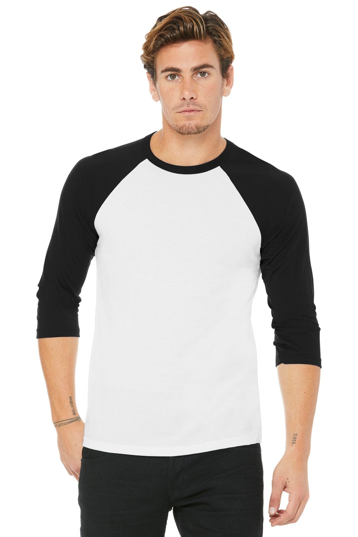 BELLA+CANVAS ® Unisex 3/4-Sleeve Baseball Tee. BC3200 [White/ Black] - DFW Impression