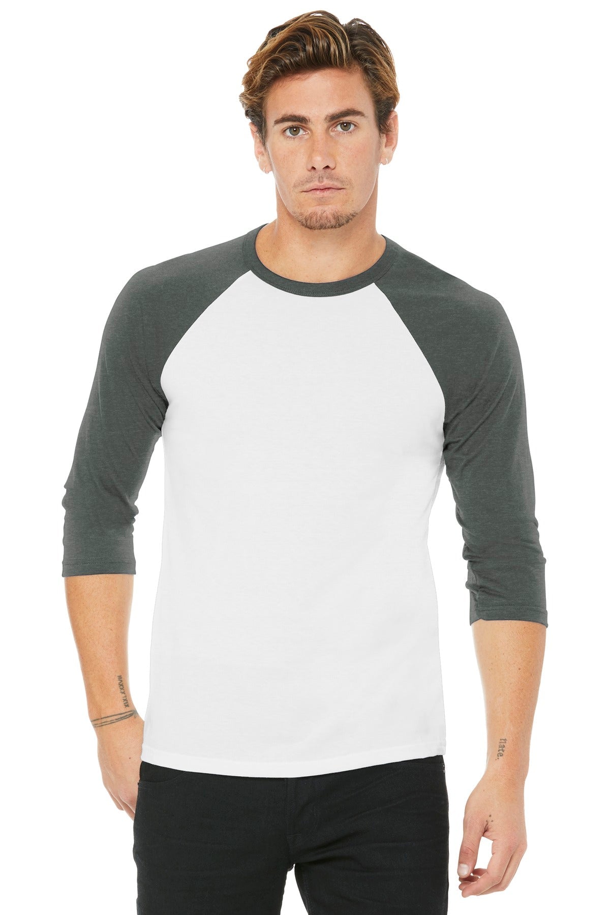 BELLA+CANVAS ® Unisex 3/4-Sleeve Baseball Tee. BC3200 [White/ Deep Heather] - DFW Impression