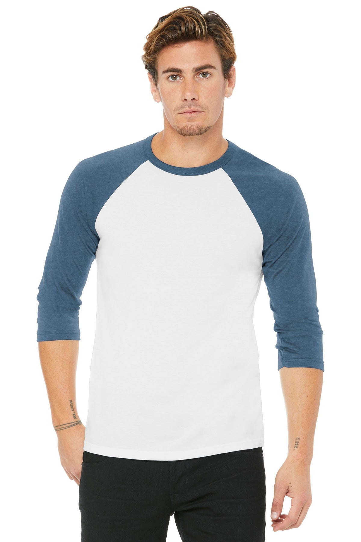 BELLA+CANVAS ® Unisex 3/4-Sleeve Baseball Tee. BC3200 [White/ Denim] - DFW Impression