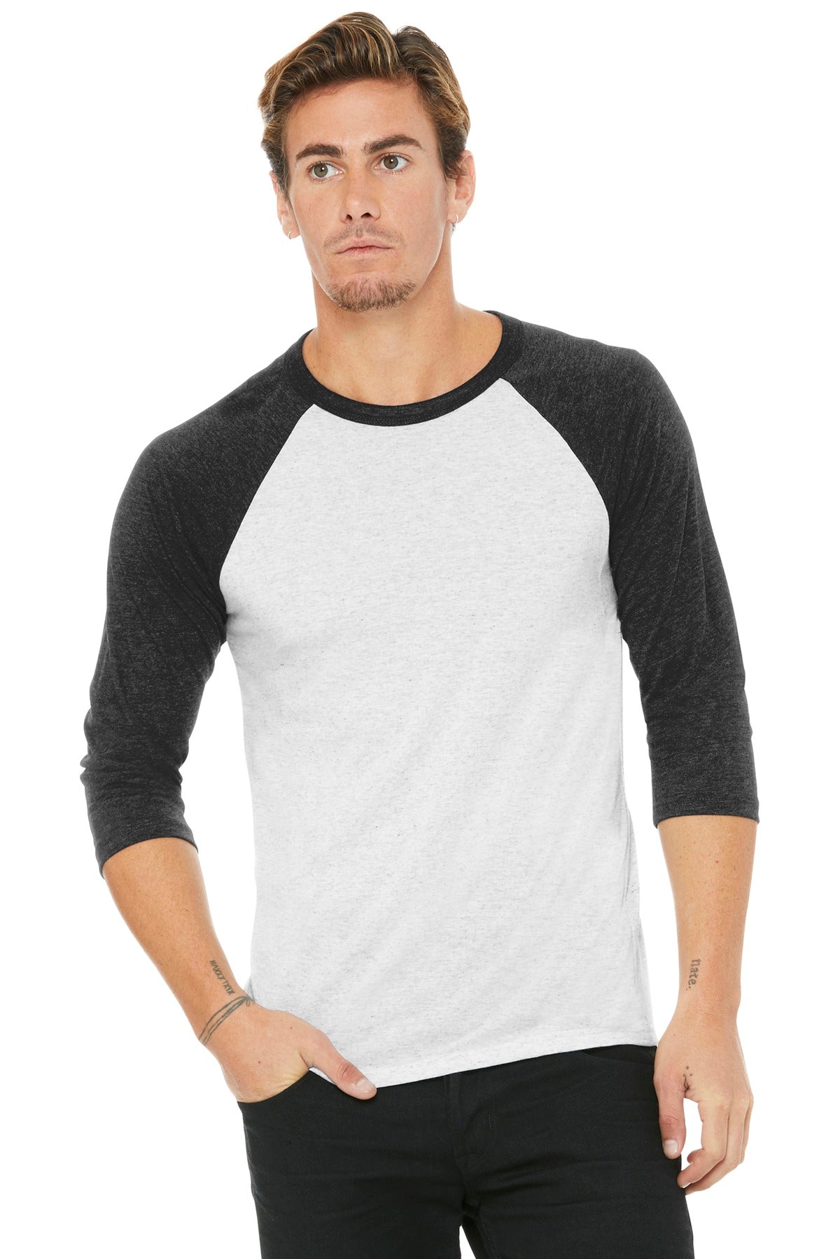 BELLA+CANVAS ® Unisex 3/4-Sleeve Baseball Tee. BC3200 [White Flk/ Charcoal-BI Triblend] - DFW Impression