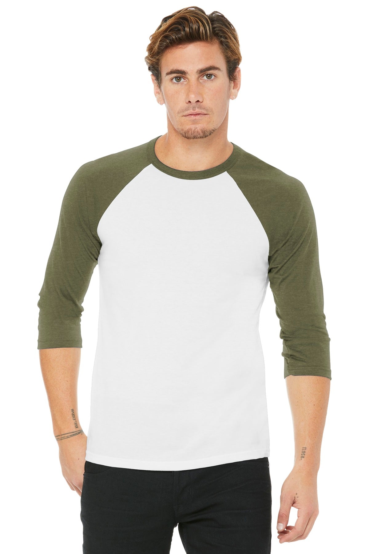 BELLA+CANVAS ® Unisex 3/4-Sleeve Baseball Tee. BC3200 [White/ Heather Olive] - DFW Impression