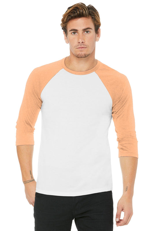 BELLA+CANVAS ® Unisex 3/4-Sleeve Baseball Tee. BC3200 [White/ Heather Peach] - DFW Impression