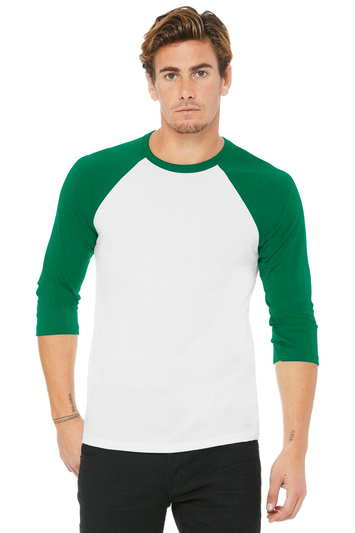 BELLA+CANVAS ® Unisex 3/4-Sleeve Baseball Tee. BC3200 [White/ Kelly] - DFW Impression