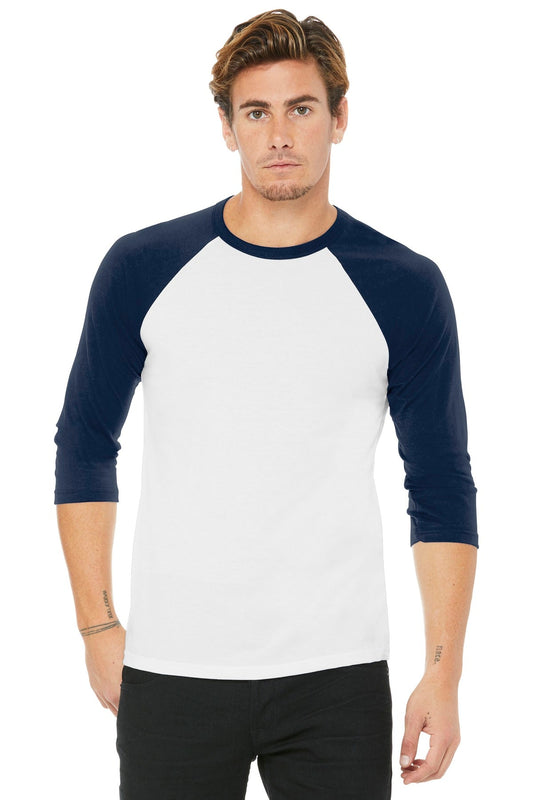 BELLA+CANVAS ® Unisex 3/4-Sleeve Baseball Tee. BC3200 [White/ Navy] - DFW Impression