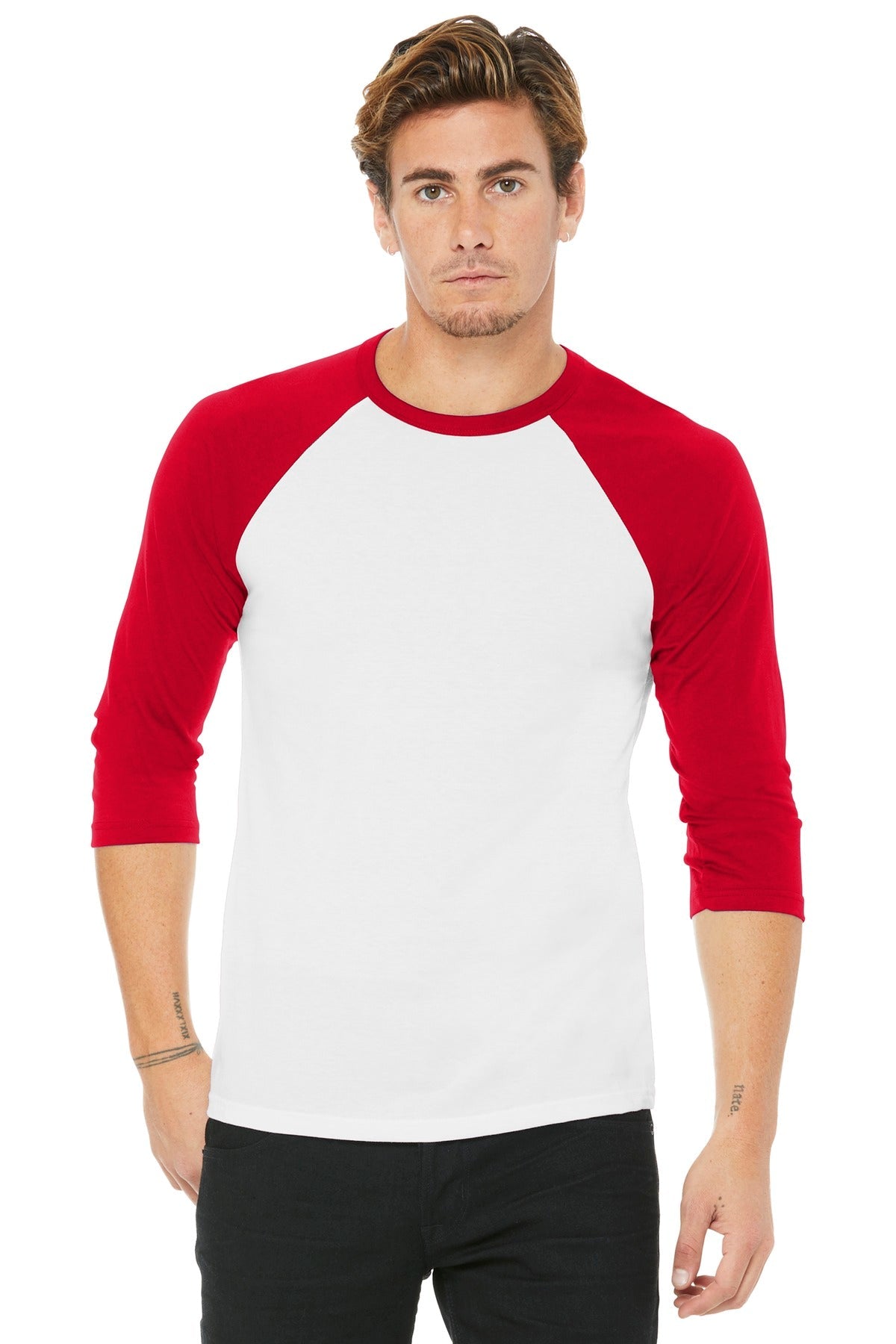 BELLA+CANVAS ® Unisex 3/4-Sleeve Baseball Tee. BC3200 [White/ Red] - DFW Impression