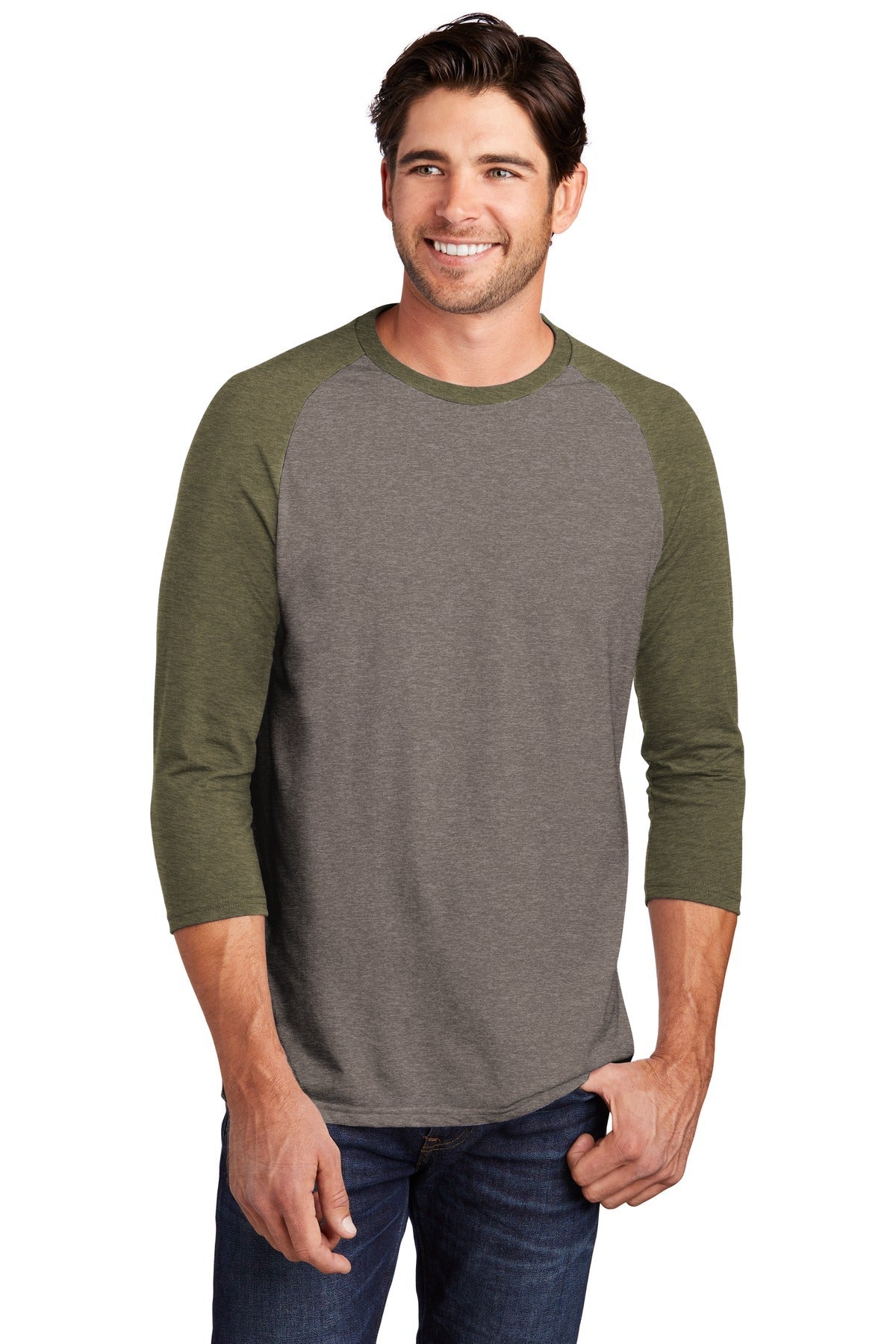 District ® Perfect Tri® 3/4-Sleeve Raglan. DM136 [Military Green Frost/ Grey Frost] - DFW Impression