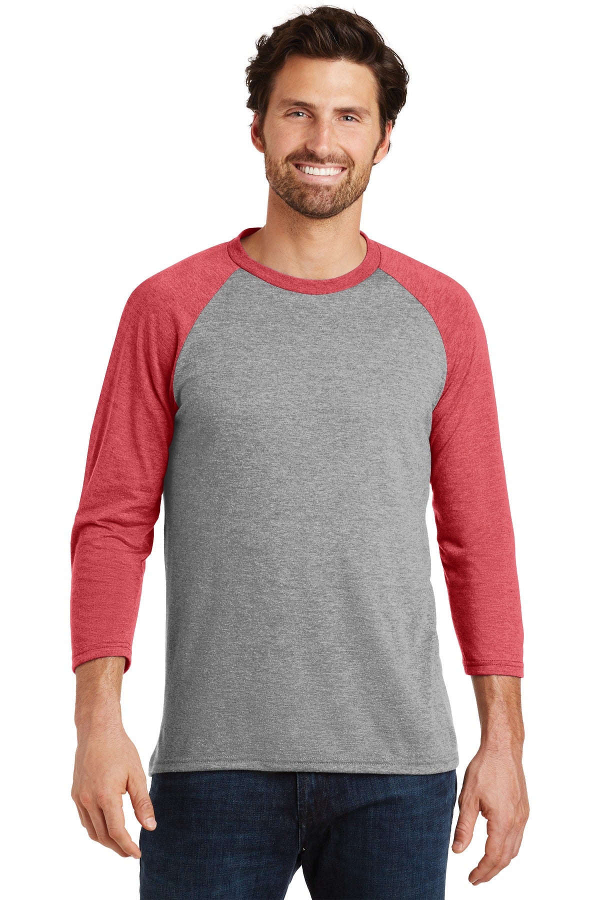 District ® Perfect Tri® 3/4-Sleeve Raglan. DM136 [Red Frost/ Grey Frost] - DFW Impression