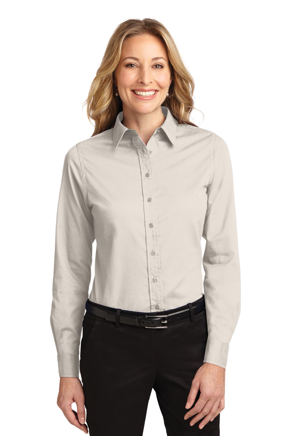 Port Authority® Ladies Long Sleeve Easy Care Shirt. L608 [Light Stone/ Classic Navy] - DFW Impression